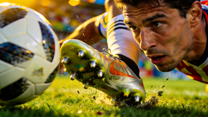 世界杯决赛直播画面 - 球员在绿茵场上激烈角逐的特写镜头