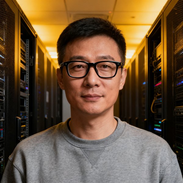 绿茵直播联合创始人李明的团队头像照片，戴着黑框眼镜，身穿灰色卫衣，背景为服务器机房环境